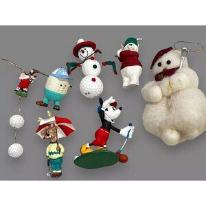 90s hallmark ornaments 7pc LOT Golf themed Disney Mickey Reindeer Snowman Golfer